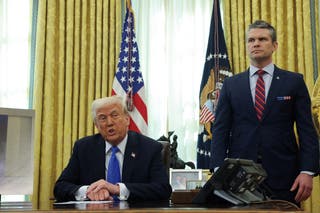 US President Donald Trump gives remarks with Secretary of Defense Pete Heggseth at the Oval office at the White House in Washington, DC, SH.BA, March 21, 2025